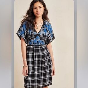 Anthropologie Black And White Plaid Dress With Blue Embroidery